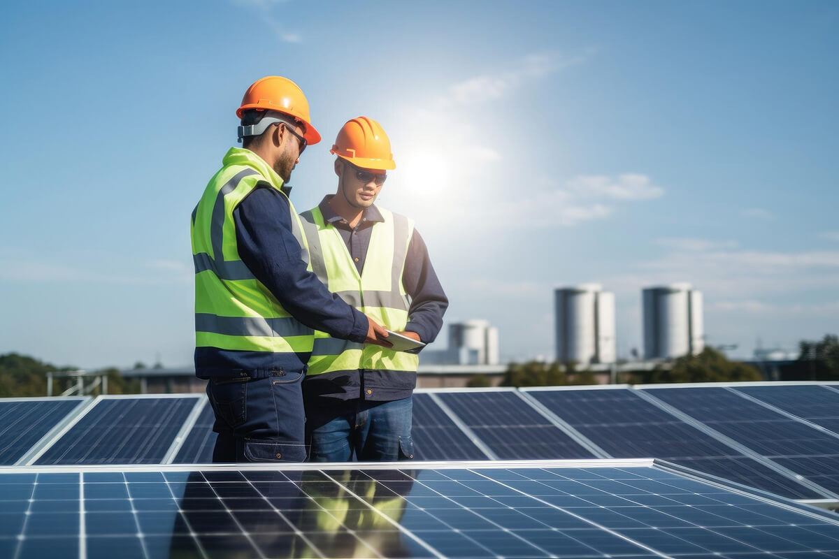 Solar energy panels harnessing sunlight in a green landscape